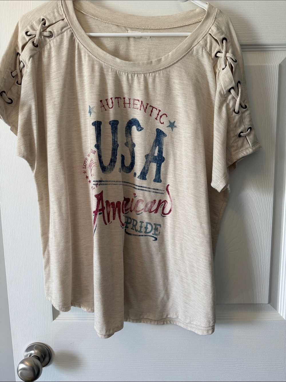 Maurices Beige USA Graphic Lace-Up Sleeve Tee